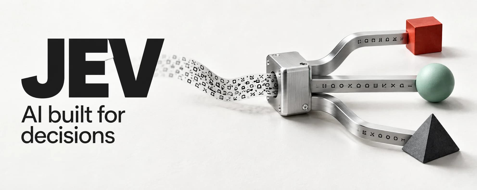 A text ribbon enters a metal junction and separates into three paths ending in different shapes, illustrating bounded decisions.