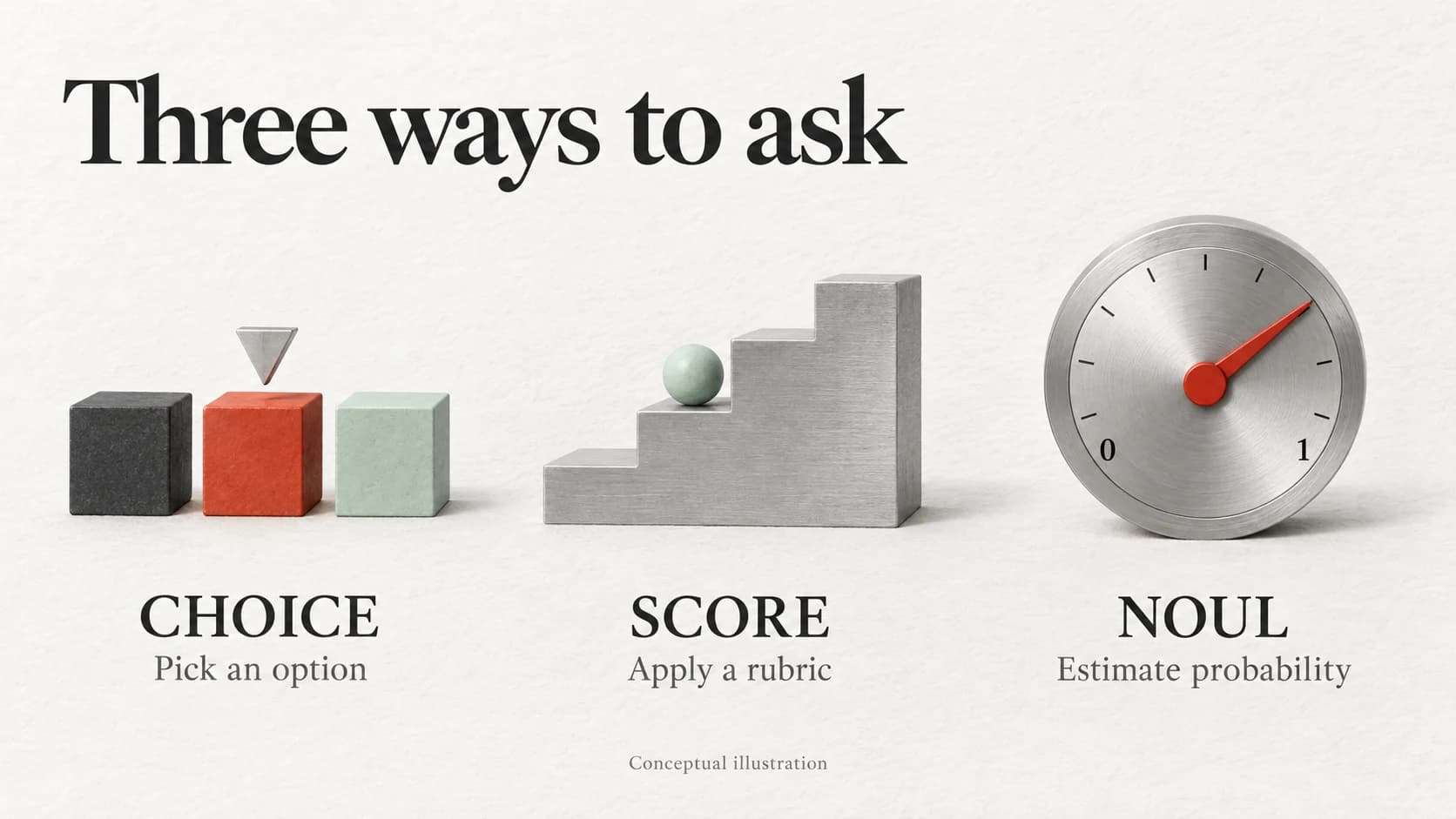 Choice selects an option, Score applies a rubric, and Noul estimates a probability.