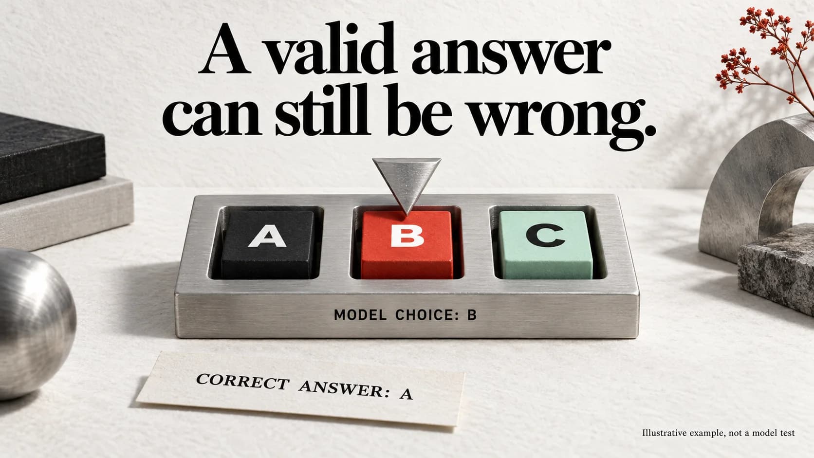 The model selects allowed option B, but the answer key says A: valid format does not establish accuracy.