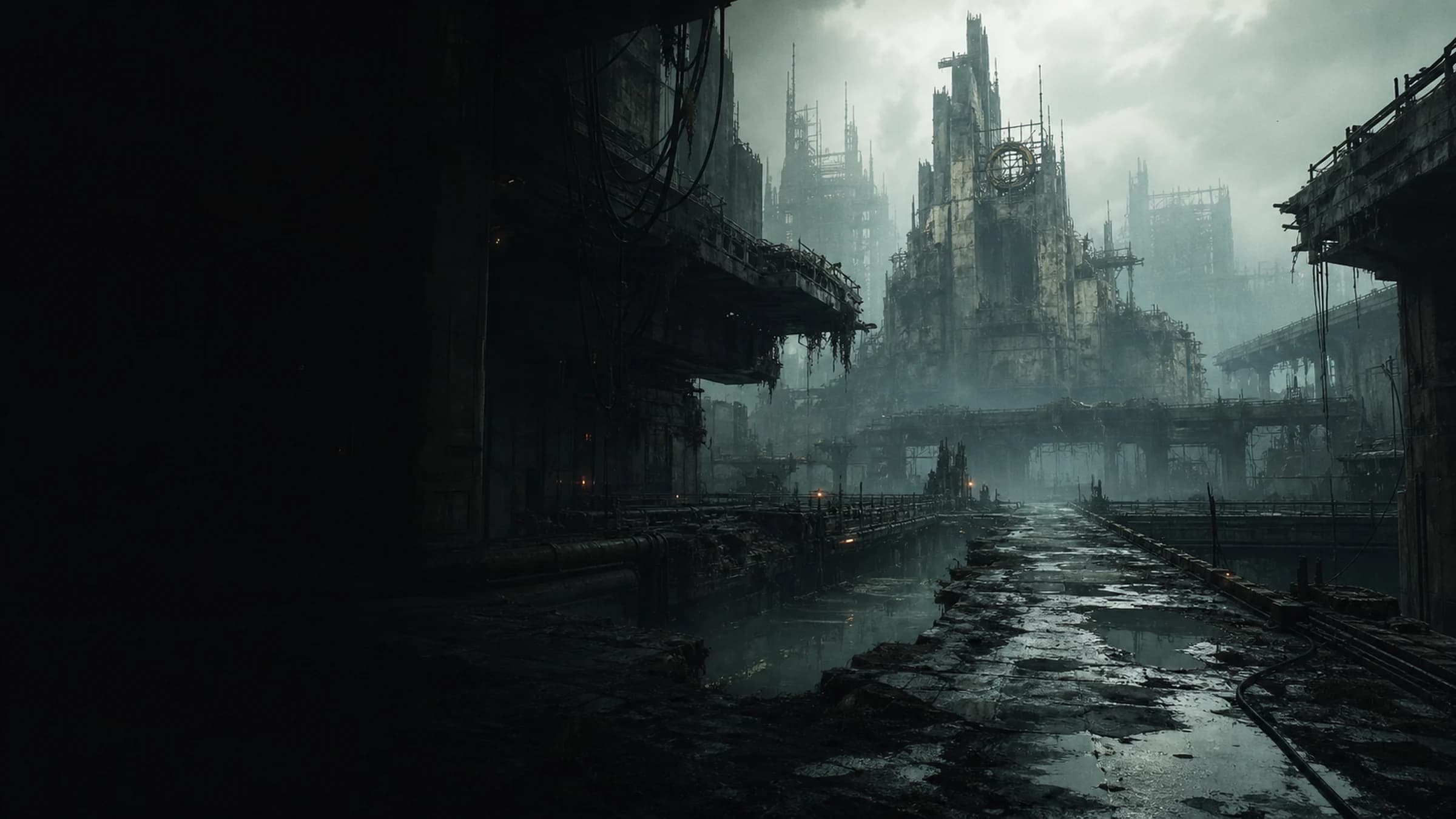 A ruined, fog-drowned megacity — the world the agent era left behind